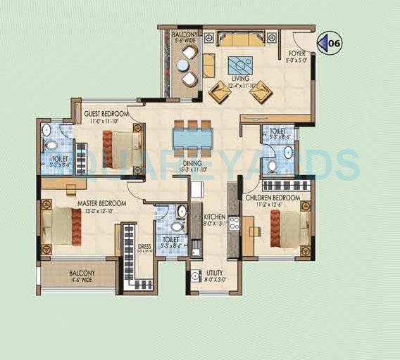 Floor plan of 3 BHK 2002 Sq. Ft. Apartment in Salarpuria Aspire, Bangalore