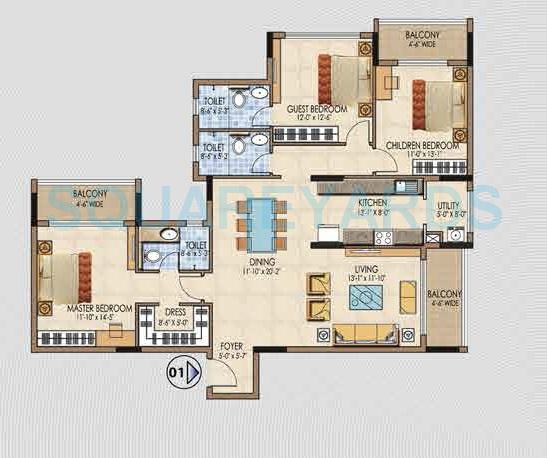 Floor plan of 3 BHK 2041 Sq. Ft. Apartment in Salarpuria Aspire, Bangalore