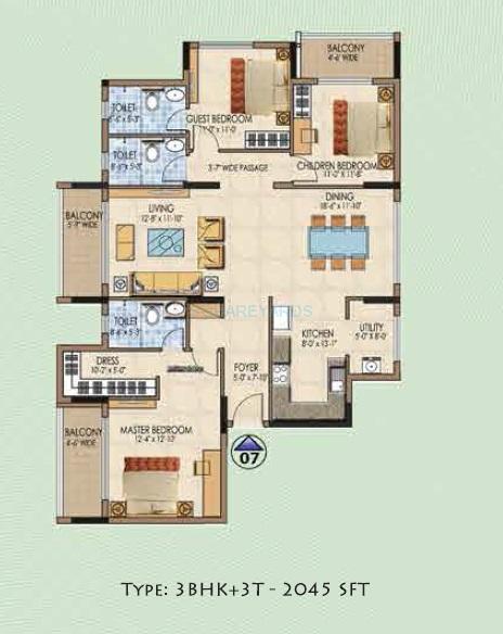 Floor plan of 3 BHK 2045 Sq. Ft. Apartment in Salarpuria Aspire, Bangalore