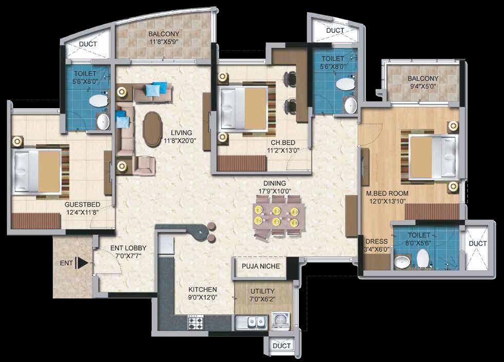 Floor plan of 3 BHK 1910 Sq. Ft. Apartment in Salarpuria Casa Irene, Bangalore