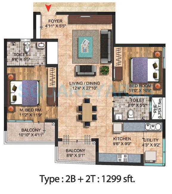 Floor plan of 2 BHK 1299 Sq. Ft. Apartment in Salarpuria Celesta, Bangalore