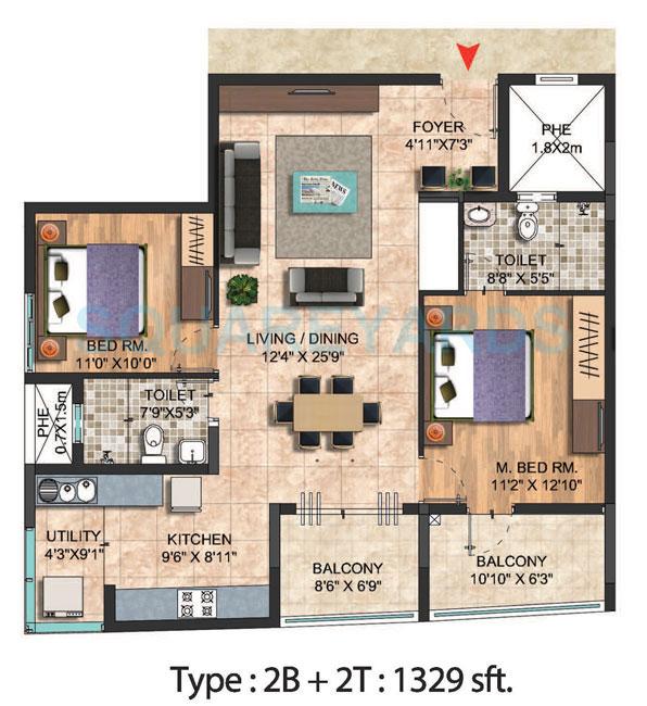 Floor plan of 2 BHK 1329 Sq. Ft. Apartment in Salarpuria Celesta, Bangalore