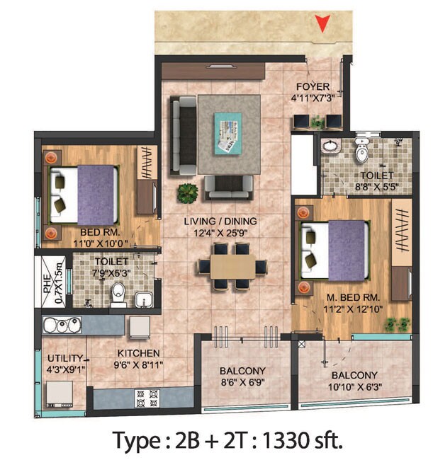 Floor plan of 2 BHK 1330 Sq. Ft. Apartment in Salarpuria Celesta, Bangalore