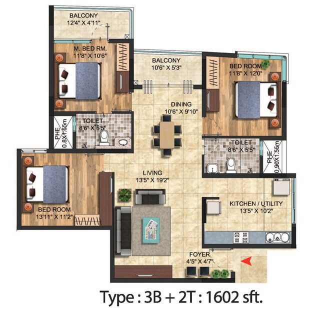 Floor plan of 3 BHK 1602 Sq. Ft. Apartment in Salarpuria Celesta, Bangalore