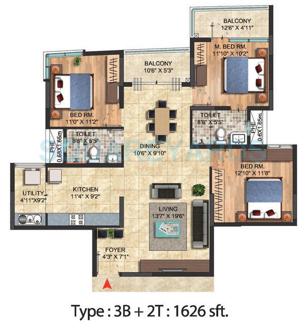 Floor plan of 3 BHK 1626 Sq. Ft. Apartment in Salarpuria Celesta, Bangalore
