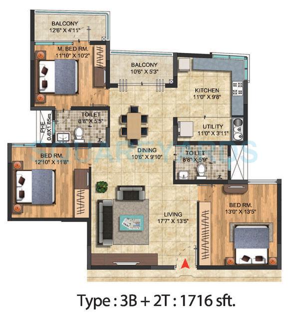 Floor plan of 3 BHK 1716 Sq. Ft. Apartment in Salarpuria Celesta, Bangalore