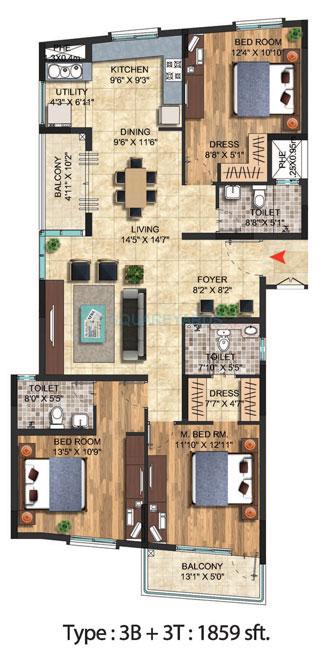 Floor plan of 3 BHK 1859 Sq. Ft. Apartment in Salarpuria Celesta, Bangalore