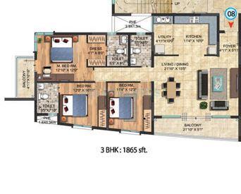 Floor plan of 3 BHK 1865 Sq. Ft. Apartment in Salarpuria Celesta, Bangalore