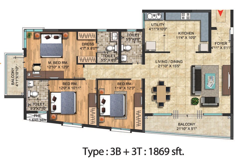 Floor plan of 3 BHK 1869 Sq. Ft. Apartment in Salarpuria Celesta, Bangalore