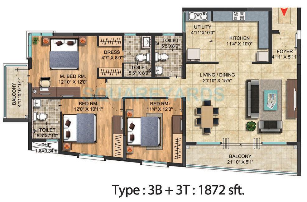 Floor plan of 3 BHK 1872 Sq. Ft. Apartment in Salarpuria Celesta, Bangalore
