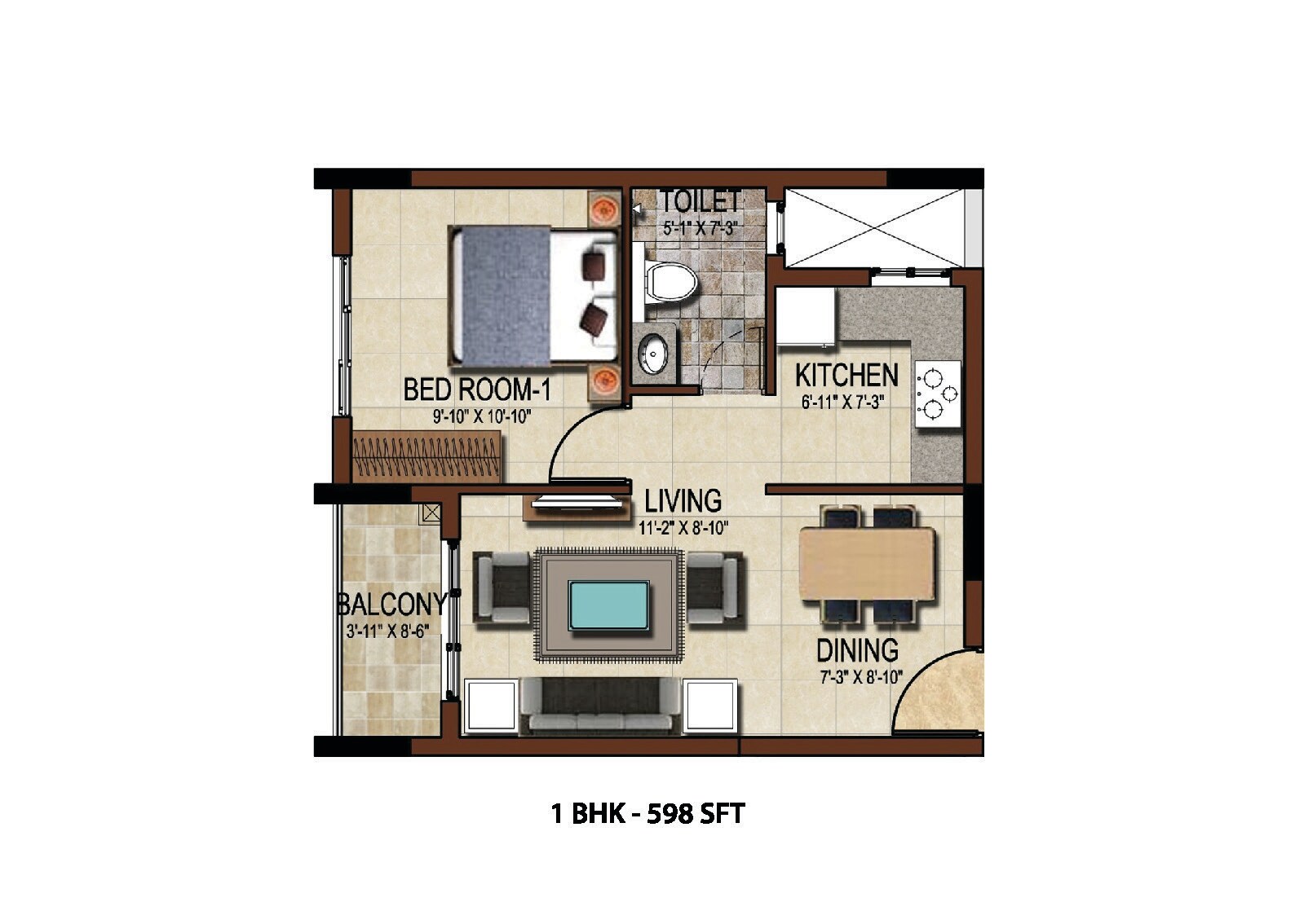 Floor plan of 1 BHK 598 Sq. Ft. Apartment in Salarpuria East Crest, Bangalore