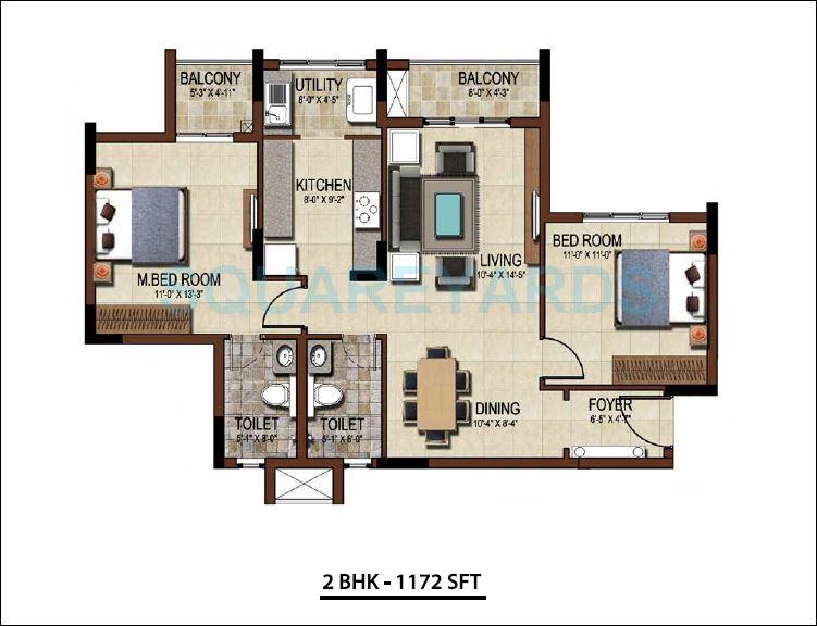 Floor plan of 2 BHK 1172 Sq. Ft. Apartment in Salarpuria East Crest, Bangalore