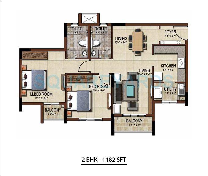 Floor plan of 2 BHK 1182 Sq. Ft. Apartment in Salarpuria East Crest, Bangalore