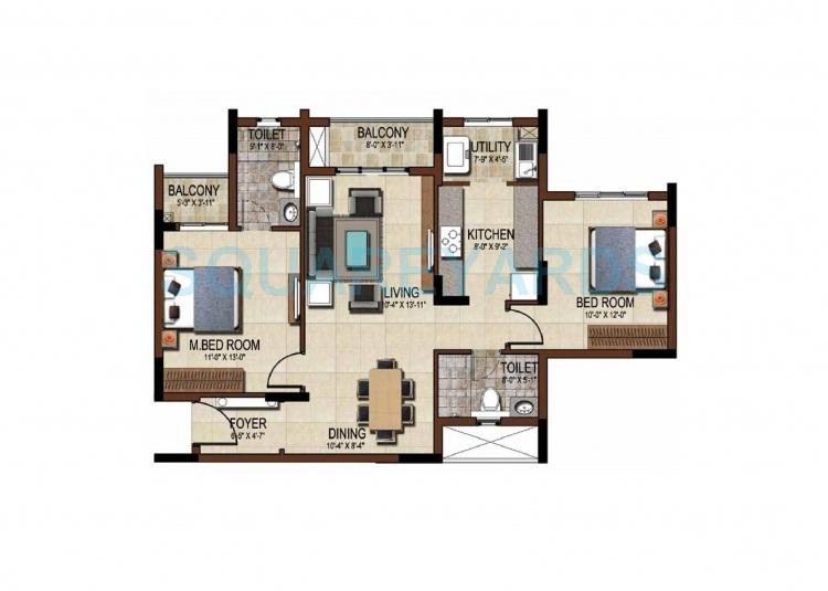 Floor plan of 2 BHK 1264 Sq. Ft. Apartment in Salarpuria East Crest, Bangalore