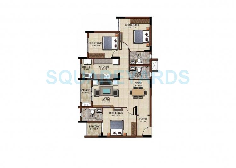 Floor plan of 3 BHK 1630 Sq. Ft. Apartment in Salarpuria East Crest, Bangalore