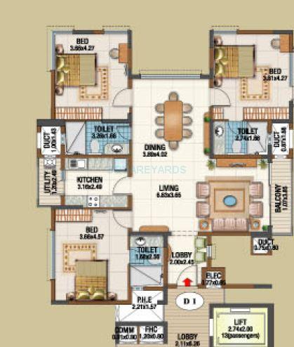Floor plan of 3 BHK 1933 Sq. Ft. Apartment in Salarpuria Gold Summit, Bangalore