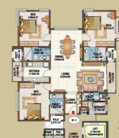 Floor plan of 3 BHK 2320 Sq. Ft. Apartment in Salarpuria Gold Summit, Bangalore