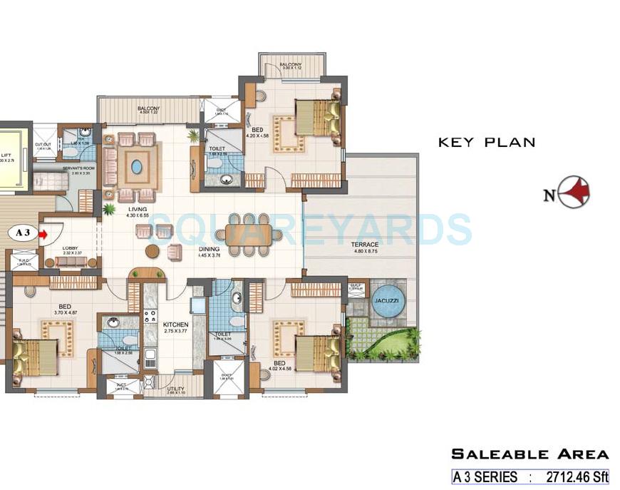 Floor plan of 3 BHK 2712 Sq. Ft. Apartment in Salarpuria Gold Summit, Bangalore