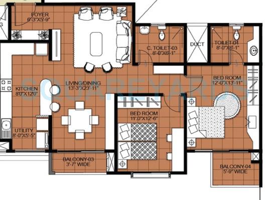 Floor plan of 2 BHK 1345 Sq. Ft. Apartment in Salarpuria Greenage, Bangalore