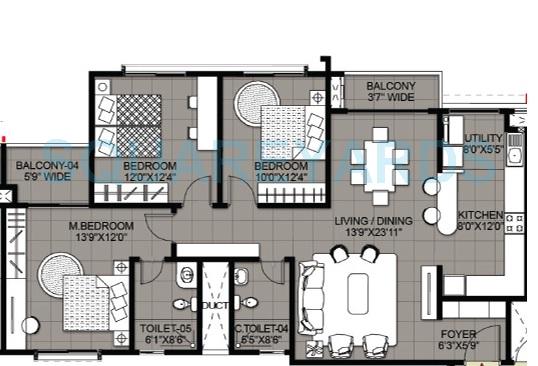 Floor plan of 3 BHK 1590 Sq. Ft. Apartment in Salarpuria Greenage, Bangalore