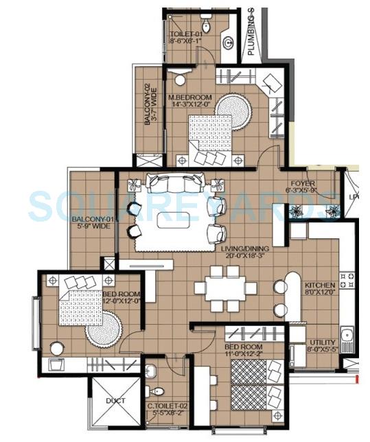 Floor plan of 3 BHK 1620 Sq. Ft. Apartment in Salarpuria Greenage, Bangalore