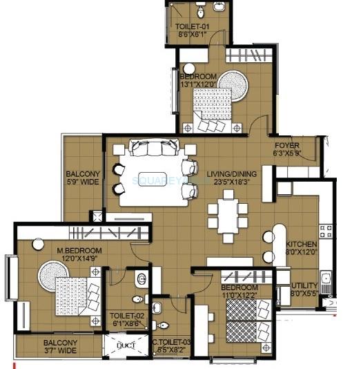 Floor plan of 3 BHK 1836 Sq. Ft. Apartment in Salarpuria Greenage, Bangalore