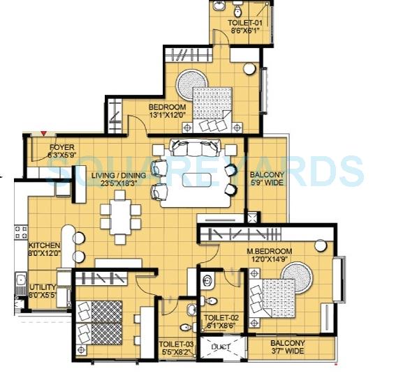 Floor plan of 3 BHK 1872 Sq. Ft. Apartment in Salarpuria Greenage, Bangalore