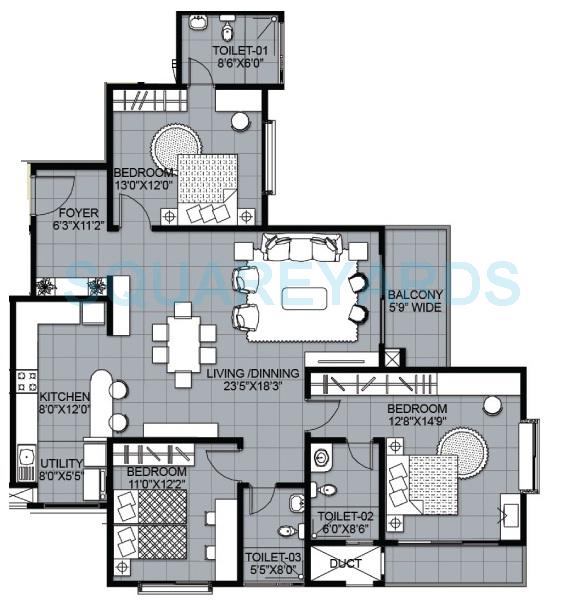 Floor plan of 3 BHK 1890 Sq. Ft. Apartment in Salarpuria Greenage, Bangalore