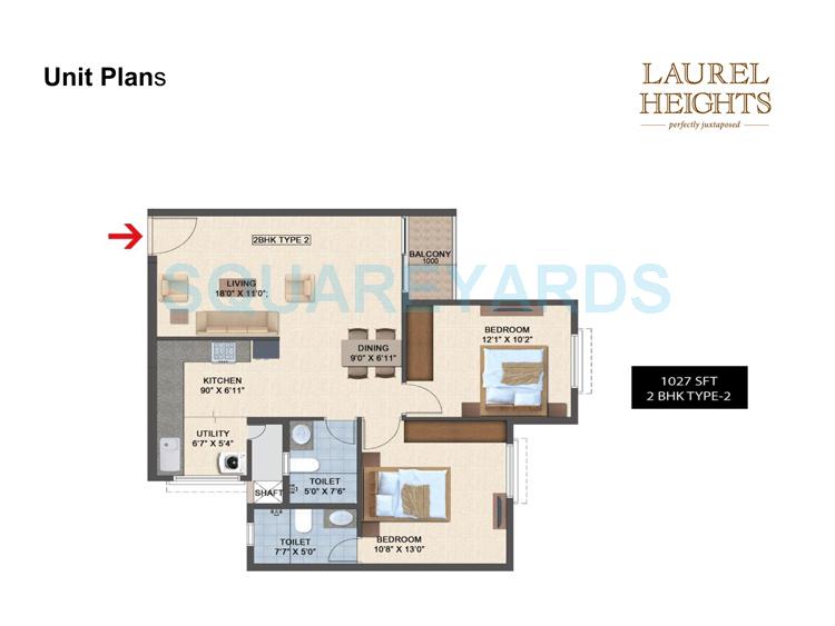 Floor plan of 2 BHK 1027 Sq. Ft. Apartment in Salarpuria Laurel Heights, Bangalore