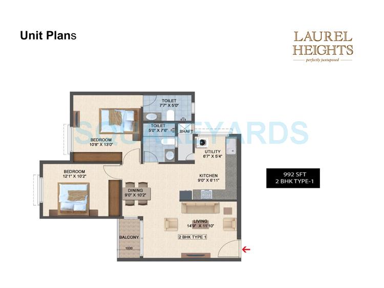 Floor plan of 2 BHK 992 Sq. Ft. Apartment in Salarpuria Laurel Heights, Bangalore