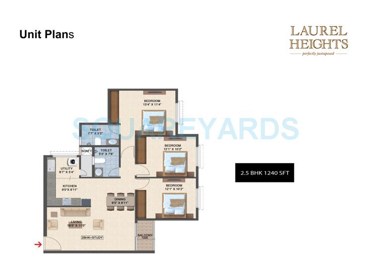 Floor plan of 3 BHK 1240 Sq. Ft. Apartment in Salarpuria Laurel Heights, Bangalore