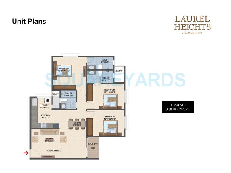 Floor plan of 3 BHK 1354 Sq. Ft. Apartment in Salarpuria Laurel Heights, Bangalore