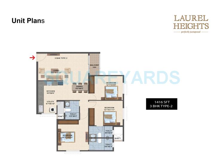 Floor plan of 3 BHK 1416 Sq. Ft. Apartment in Salarpuria Laurel Heights, Bangalore