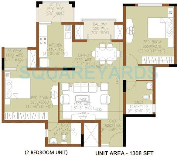 Floor plan of 2 BHK 1308 Sq. Ft. Apartment in Salarpuria Sanctity, Bangalore