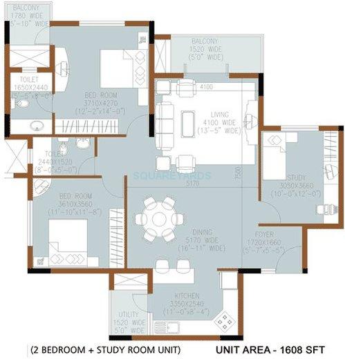 Floor plan of 2 BHK 1608 Sq. Ft. Apartment in Salarpuria Sanctity, Bangalore