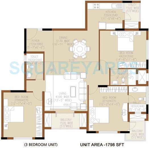 Floor plan of 3 BHK 1826 Sq. Ft. Apartment in Salarpuria Sanctity, Bangalore