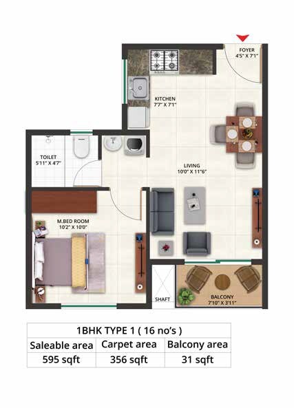 1 BHK 595 Sq. Ft. Apartment