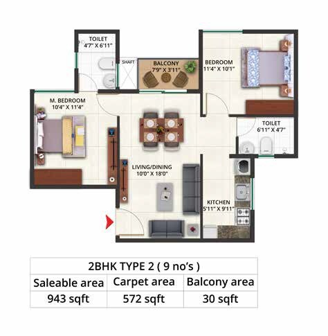 2 BHK 943 Sq. Ft. Apartment
