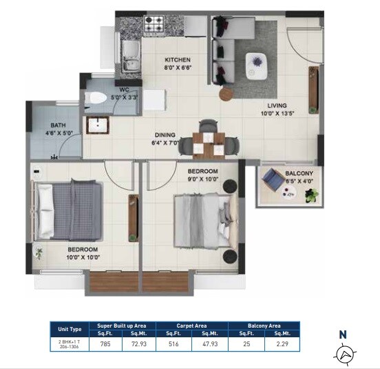 2 BHK 785 Sq. Ft. Apartment