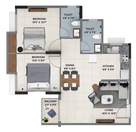 2 BHK 878 Sq. Ft. Apartment