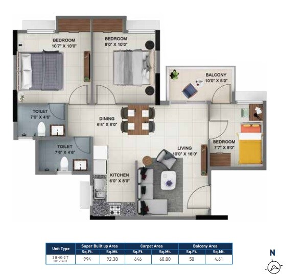 3 BHK 994 Sq. Ft. Apartment