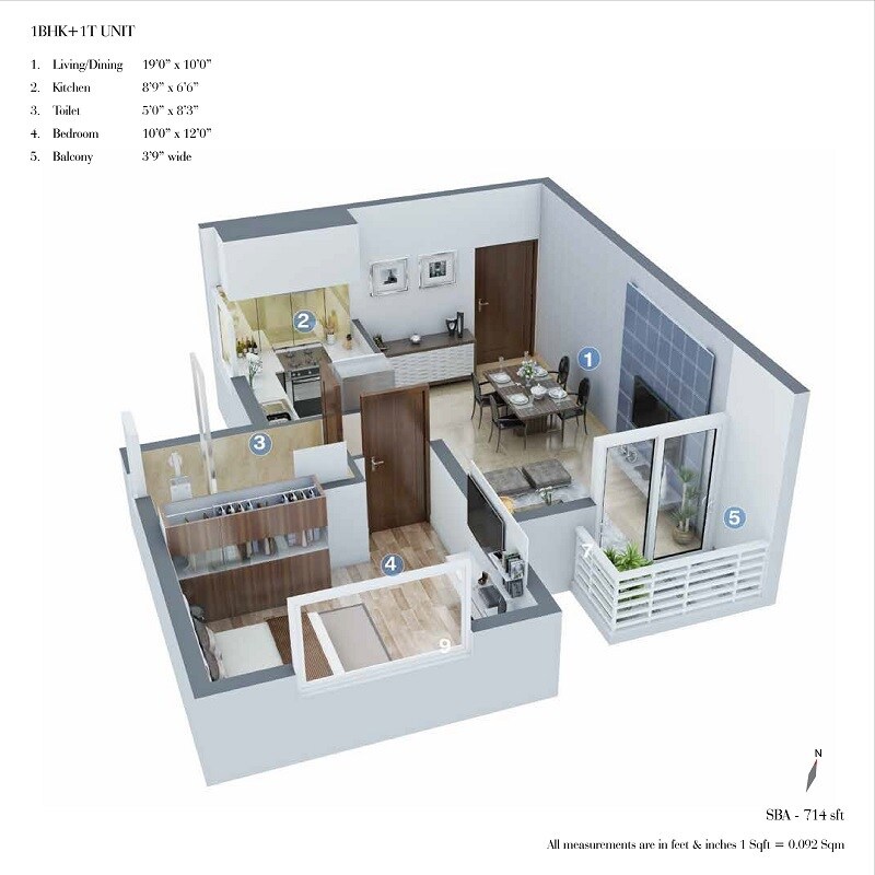 Floor plan of 1 BHK 714 Sq. Ft. Apartment in Salarpuria Sattva Cadenza, Bangalore