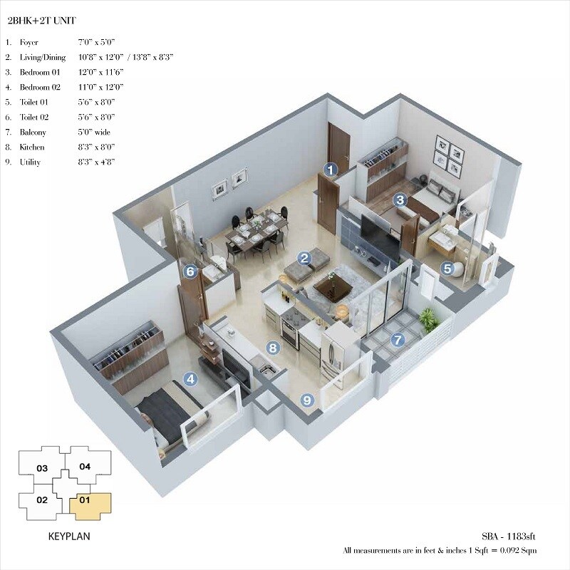 Floor plan of 2 BHK 1183 Sq. Ft. Apartment in Salarpuria Sattva Cadenza, Bangalore