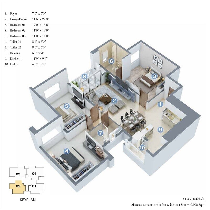 Floor plan of 2 BHK 1564 Sq. Ft. Apartment in Salarpuria Sattva Cadenza, Bangalore