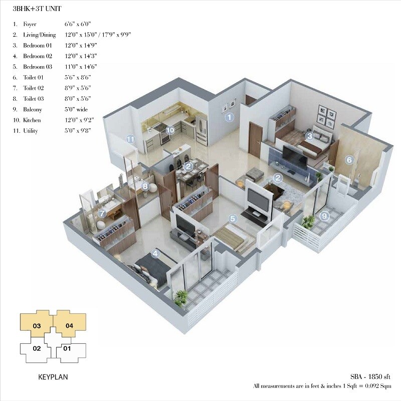 Floor plan of 3 BHK 1850 Sq. Ft. Apartment in Salarpuria Sattva Cadenza, Bangalore