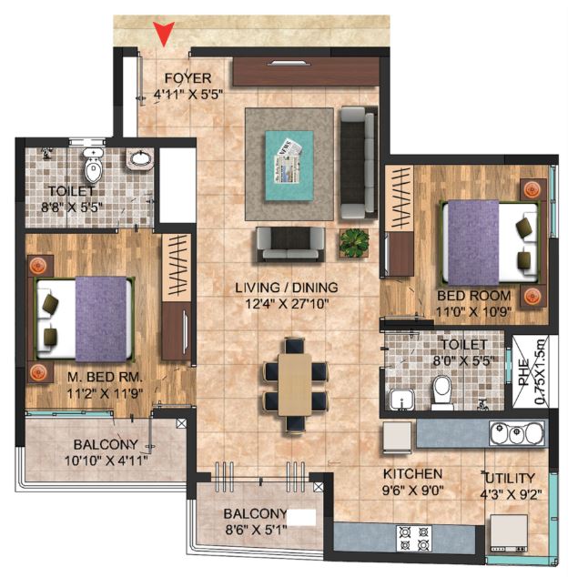 Floor plan of 2 BHK 1297 Sq. Ft. Apartment in Salarpuria Sattva Celesta, Bangalore