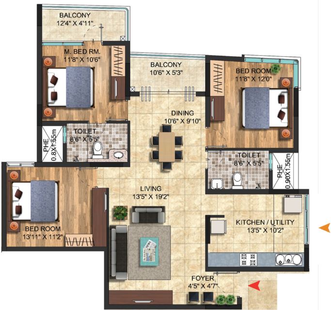 Floor plan of 3 BHK 1841 Sq. Ft. Apartment in Salarpuria Sattva Celesta, Bangalore