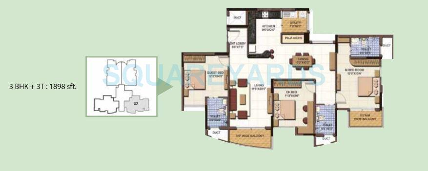 Floor plan of 3 BHK 1898 Sq. Ft. Apartment in Salarpuria Sattva Clarinet, Bangalore