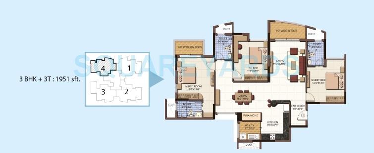 Floor plan of 3 BHK 1951 Sq. Ft. Apartment in Salarpuria Sattva Clarinet, Bangalore