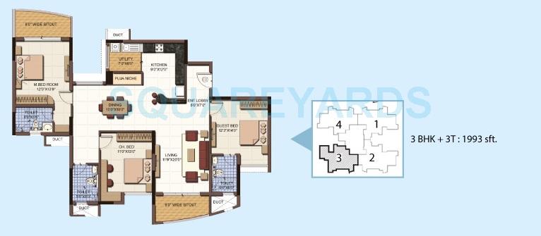 Floor plan of 3 BHK 1993 Sq. Ft. Apartment in Salarpuria Sattva Clarinet, Bangalore